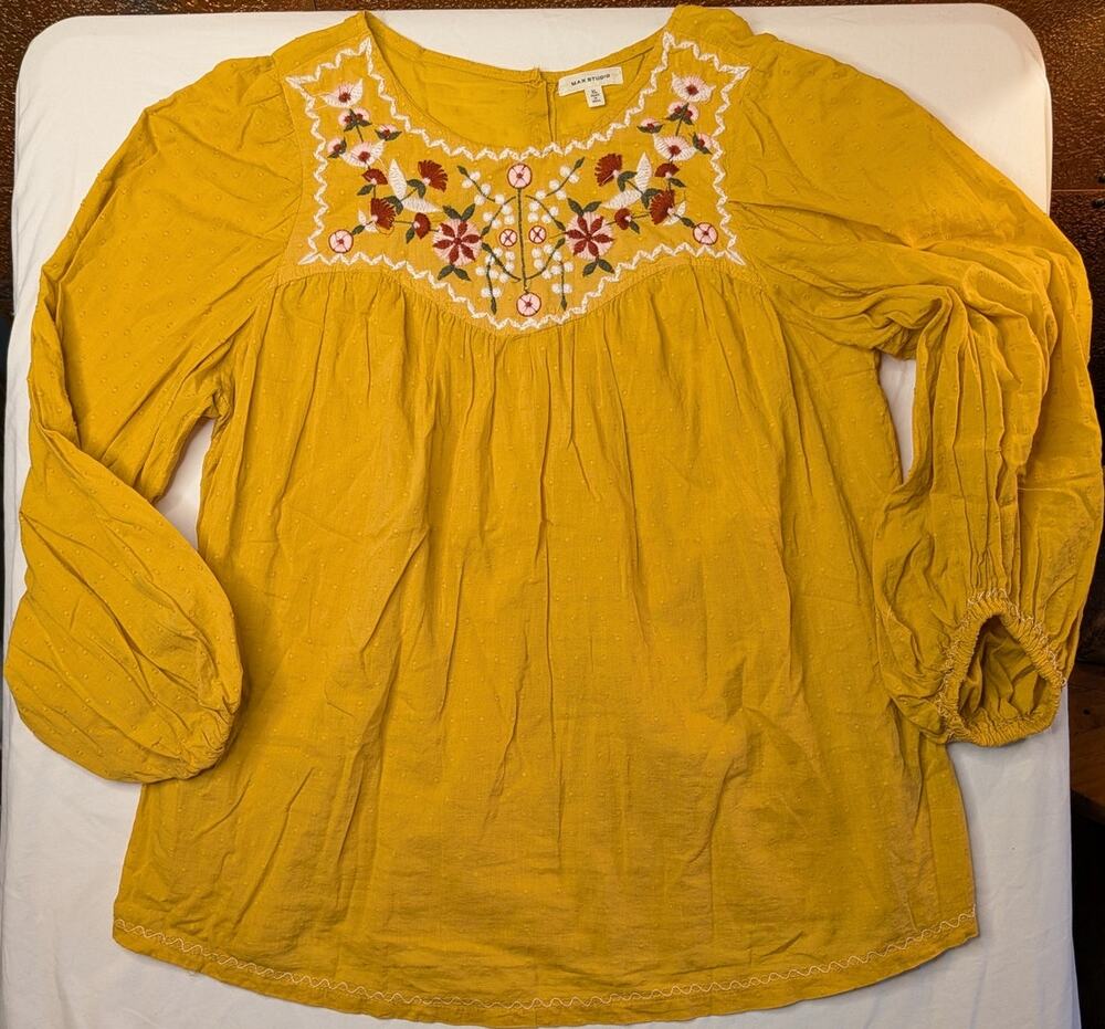 Boho Embroidered Textured Blouse Top Shirt Sz XL Mustard Yellow Floral Cottage